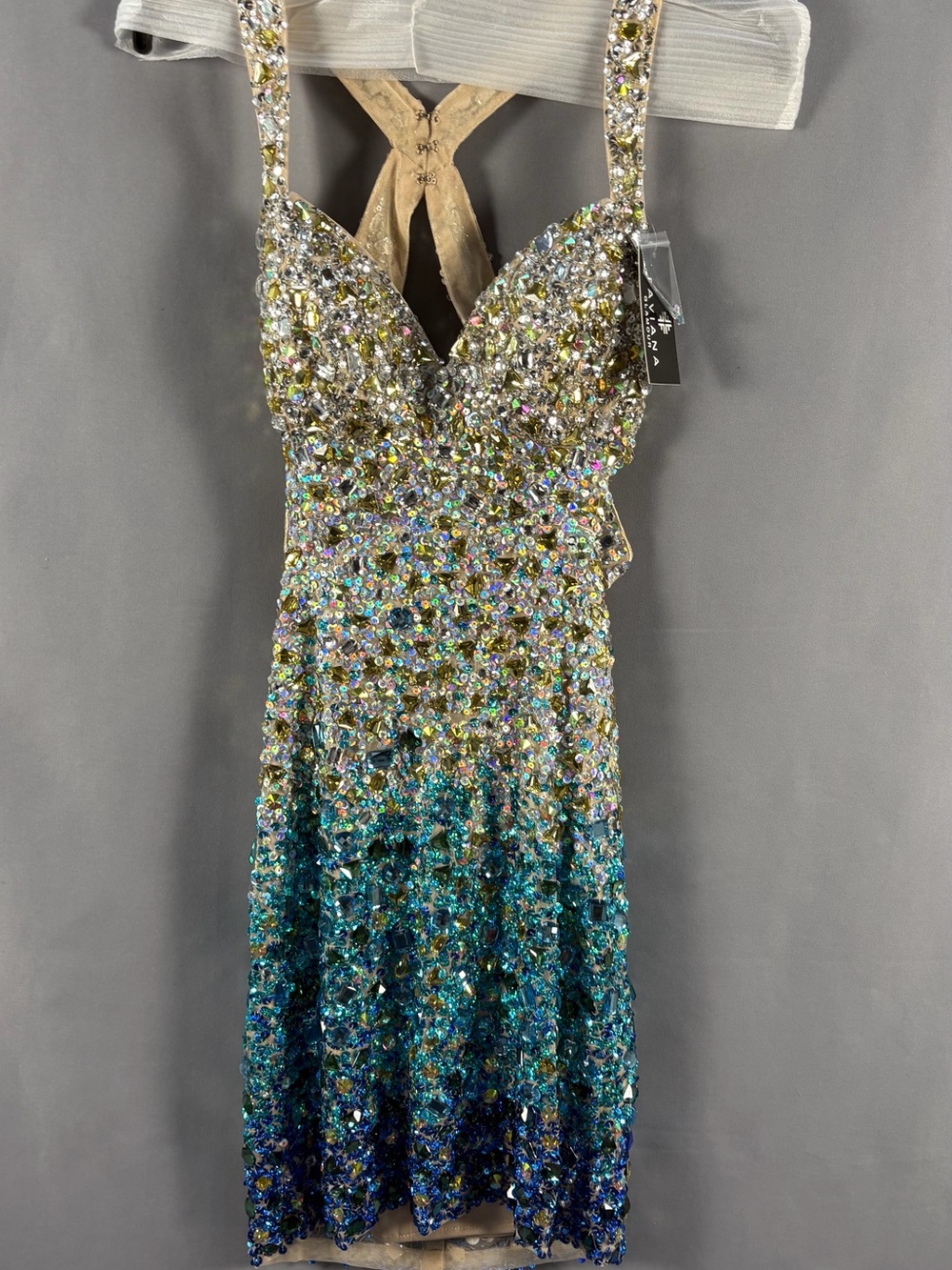 Faviana Teal Blue and Silver Ombre Crystal-Embellished Prom Dress